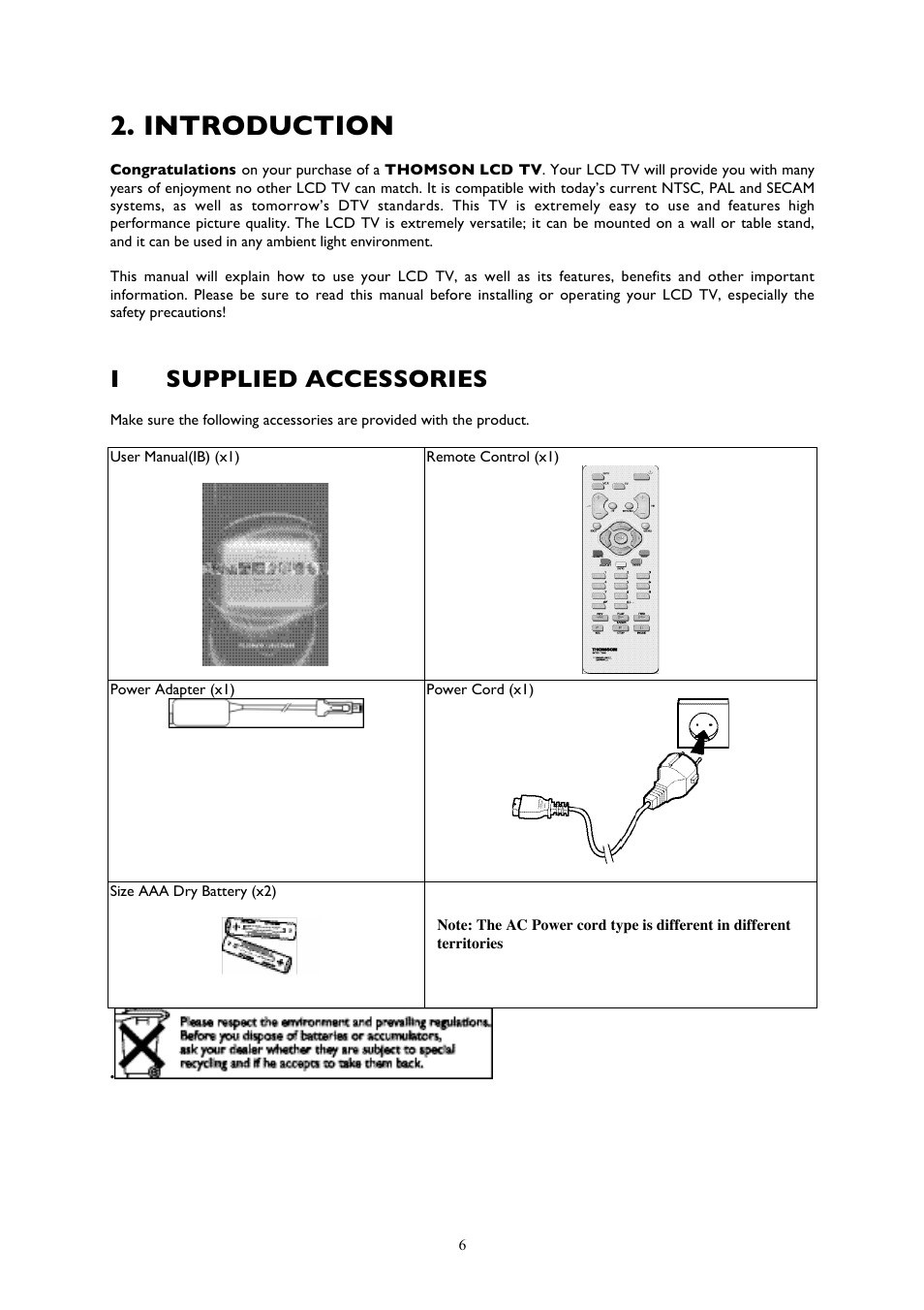 Introduction, Isupplied accessories | Technicolor - Thomson 20LCDB03B User Manual | Page 6 / 23