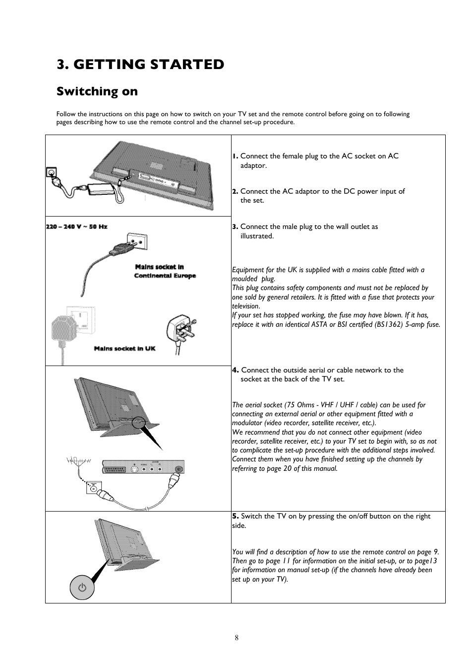 Getting started, Switching on | Technicolor - Thomson 20LCDB03B User Manual | Page 8 / 23