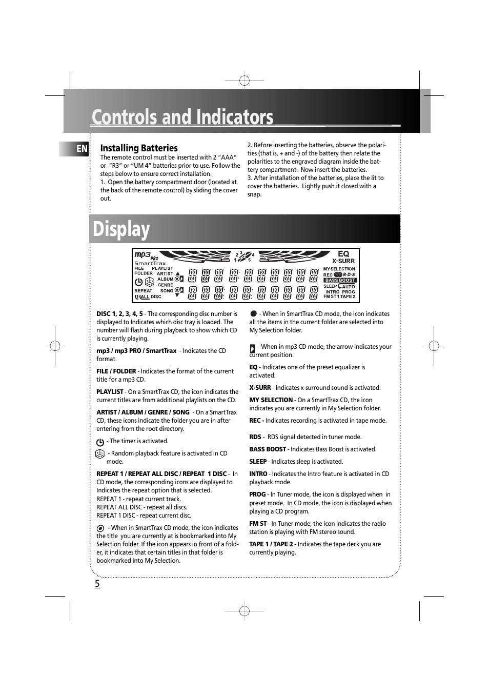 Controls and indicators, Display, Installing batteries | Technicolor - Thomson MS6000 User Manual | Page 10 / 23