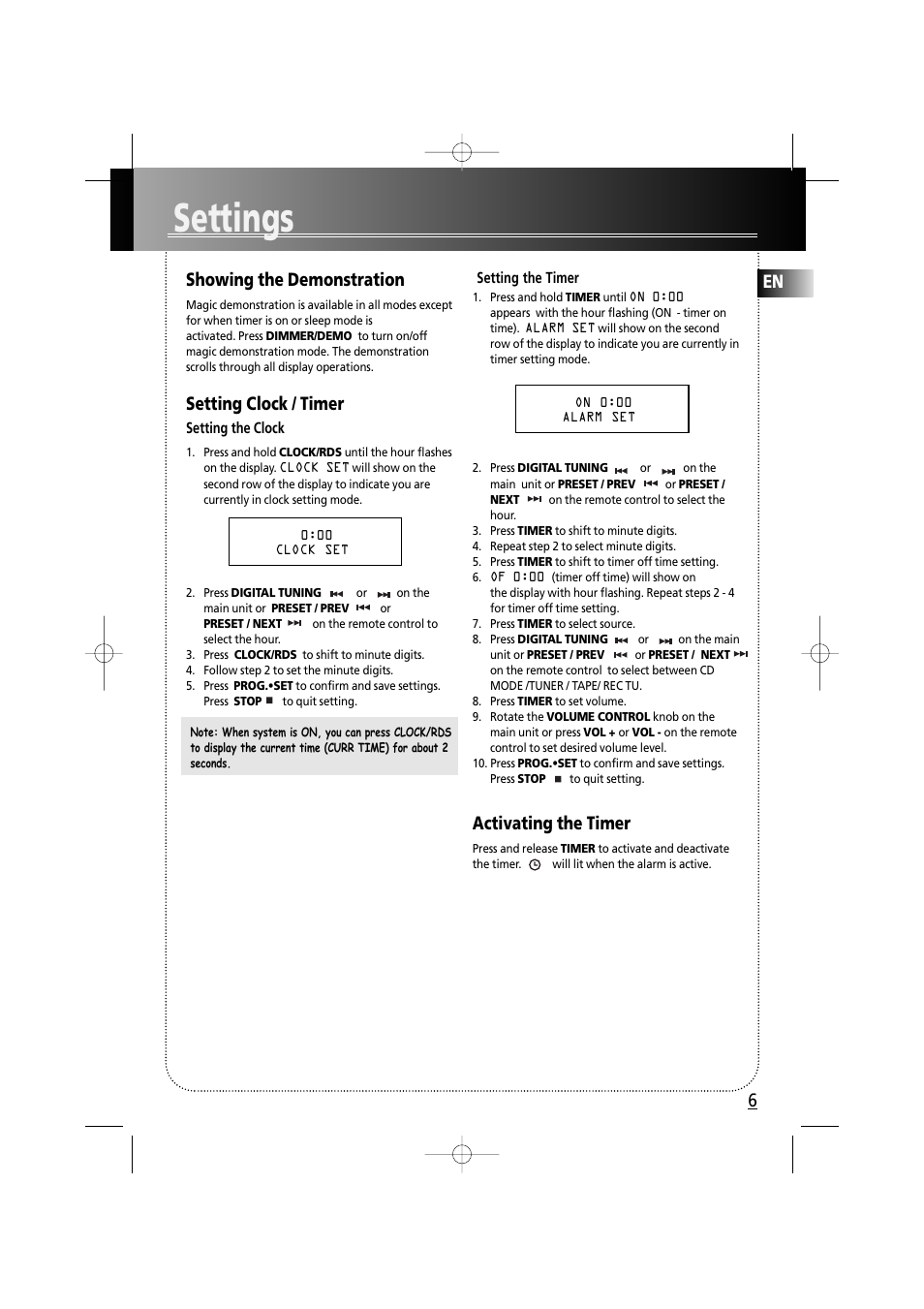 Settings, En 6, Showing the demonstration | Setting clock / timer, Activating the timer | Technicolor - Thomson MS6000 User Manual | Page 11 / 23
