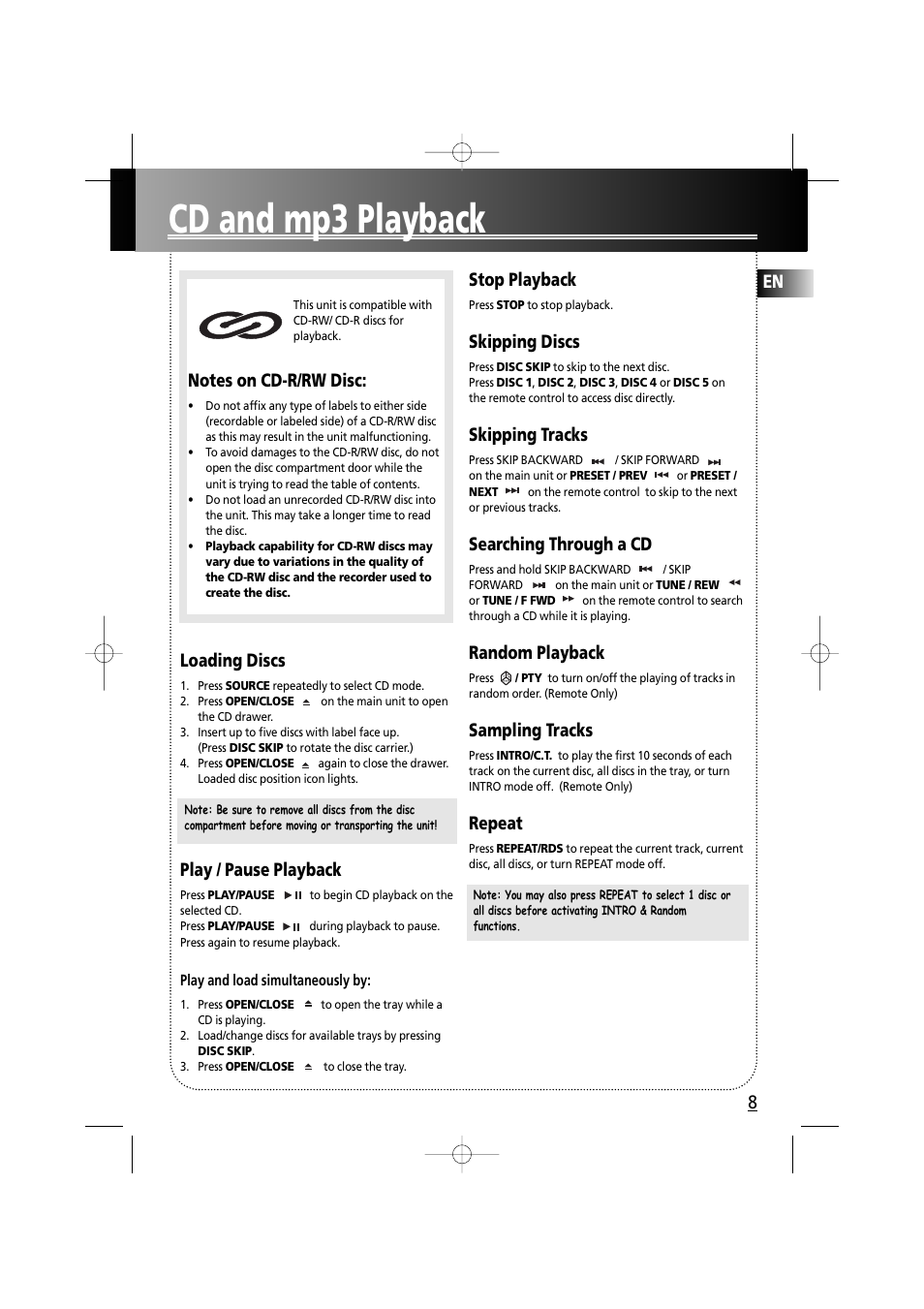 Cd and mp3 playback, En 8, Loading discs | Play / pause playback, Stop playback, Skipping discs, Skipping tracks, Searching through a cd, Random playback, Sampling tracks | Technicolor - Thomson MS6000 User Manual | Page 13 / 23