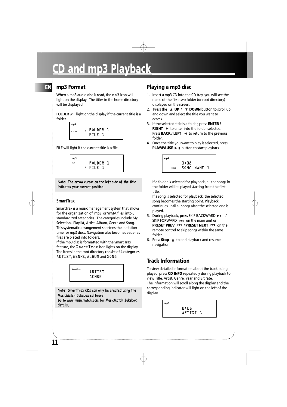 Cd and mp3 playback, En mp3 format, Playing a mp3 disc | Track information, Smarttrax | Technicolor - Thomson MS6000 User Manual | Page 16 / 23