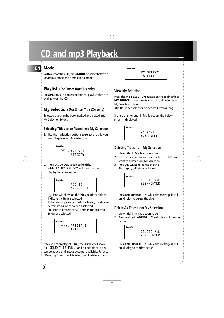 Cd and mp3 playback, En mode, Playlist | My selection | Technicolor - Thomson MS6000 User Manual | Page 18 / 23
