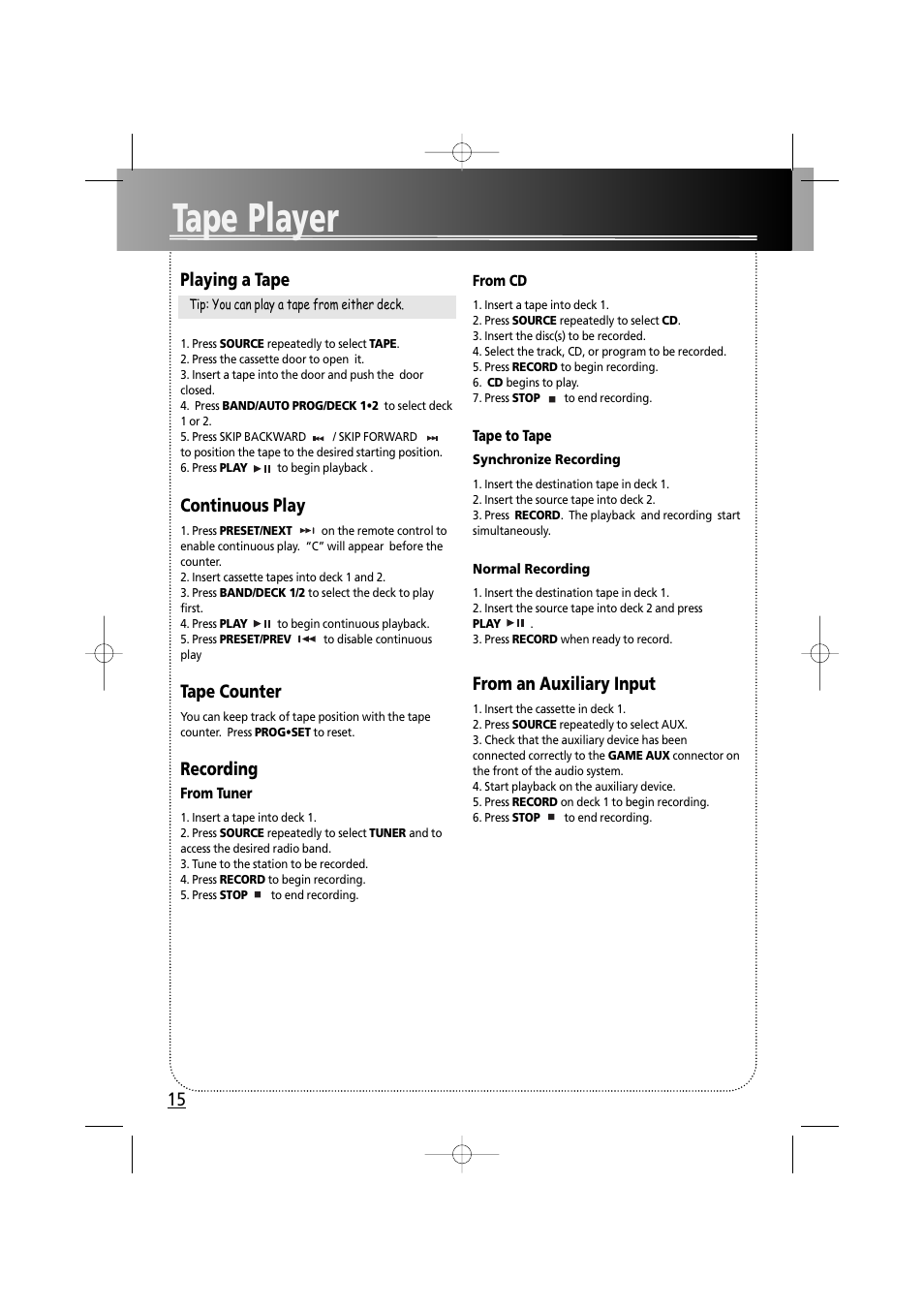 Tape player, Playing a tape, Continuous play | Tape counter, Recording | Technicolor - Thomson MS6000 User Manual | Page 20 / 23