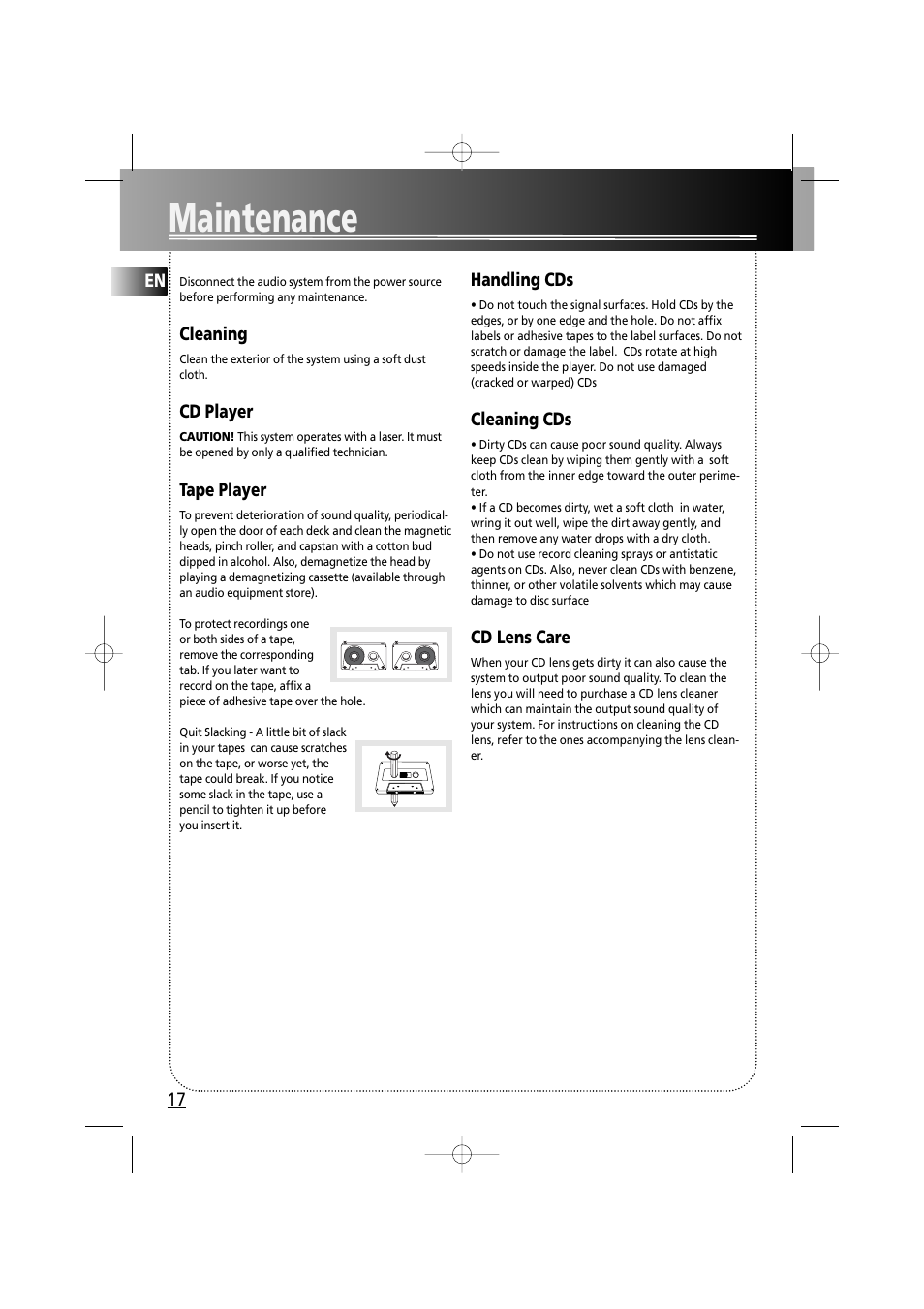 Maintenance, En 17, Cleaning | Cd player, Tape player, Handling cds, Cleaning cds, Cd lens care | Technicolor - Thomson MS6000 User Manual | Page 22 / 23