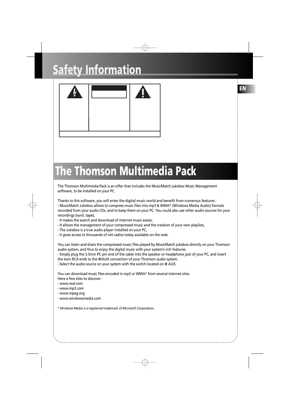 Safety information, The thomson multimedia pack, Caution | Technicolor - Thomson MS6000 User Manual | Page 5 / 23