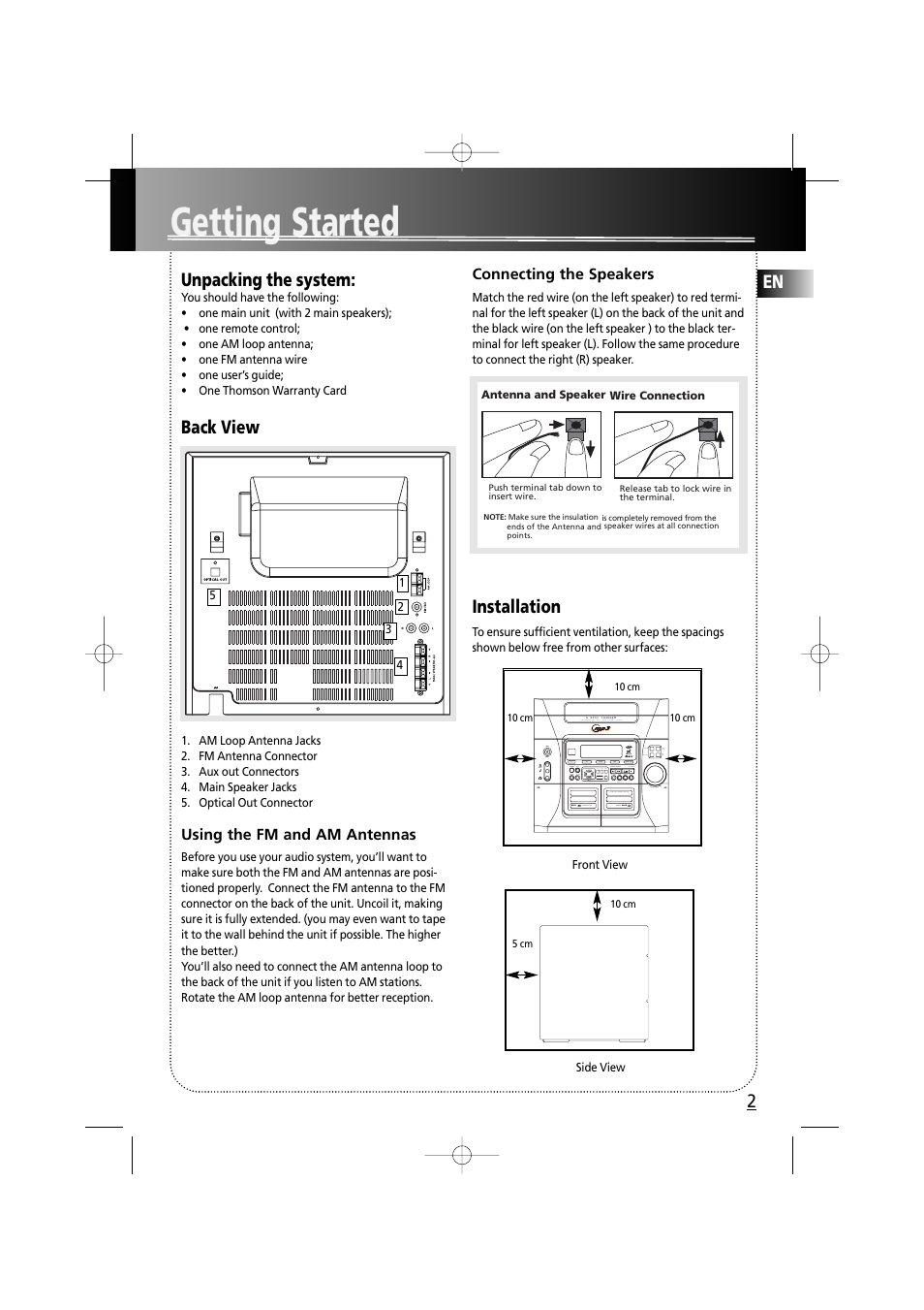 Getting started, En unpacking the system, Back view | Installation | Technicolor - Thomson MS6000 User Manual | Page 7 / 23