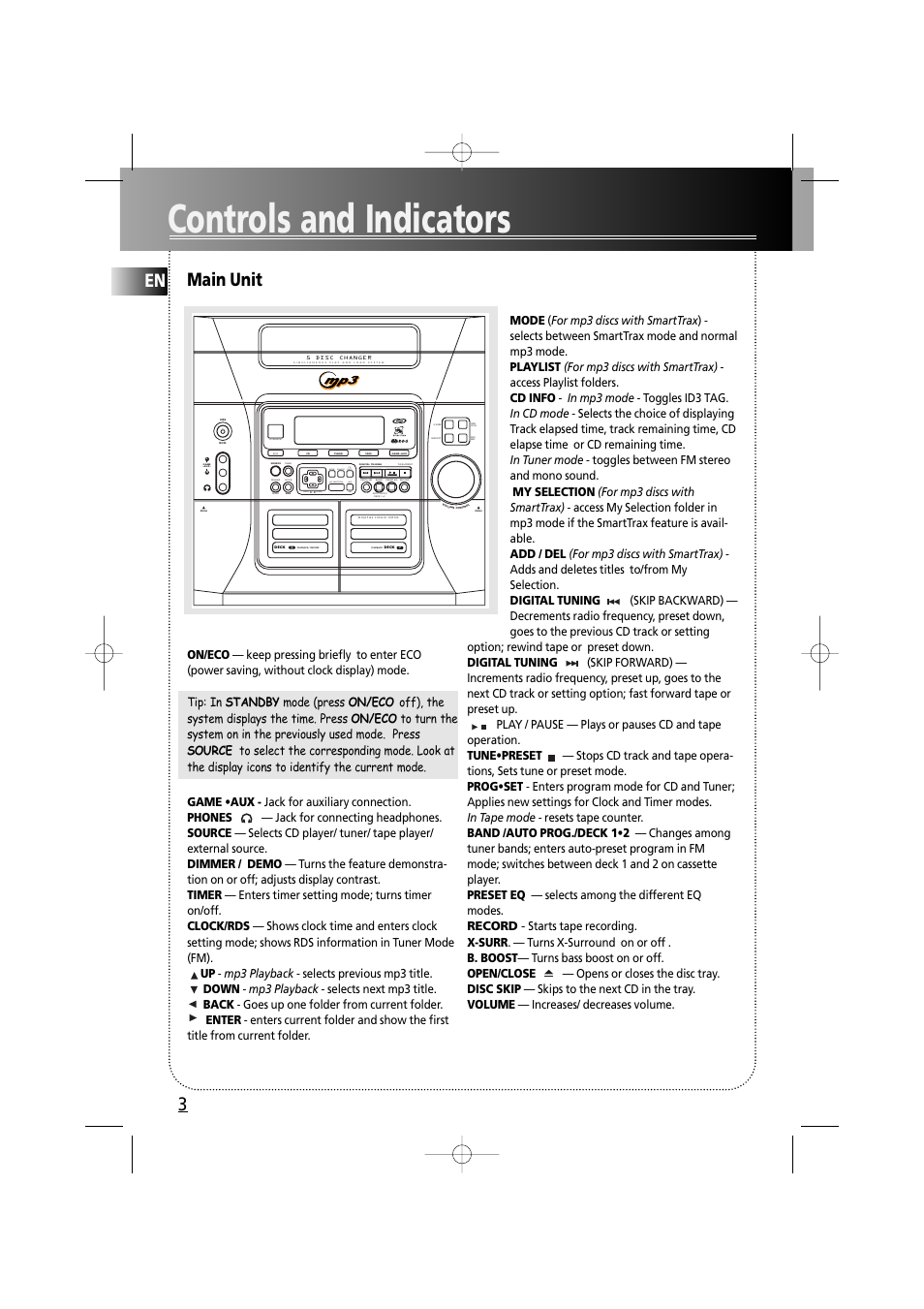 Controls and indicators, Main unit, Cd-r / rw compatible | Technicolor - Thomson MS6000 User Manual | Page 8 / 23
