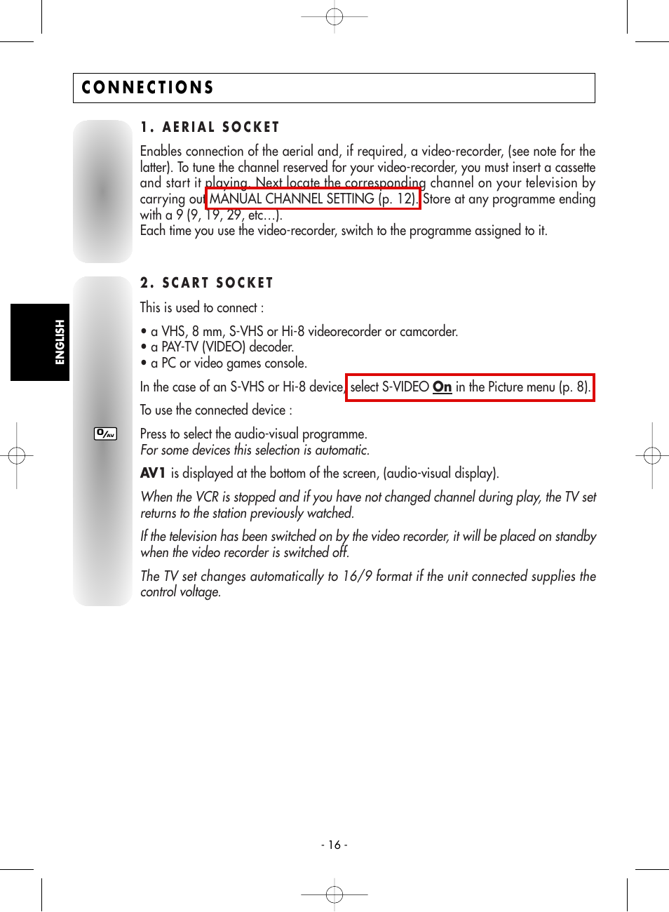 Connections, 1 . aerial socket, 2 . scart socket | Technicolor - Thomson 20DG76CT User Manual | Page 16 / 18