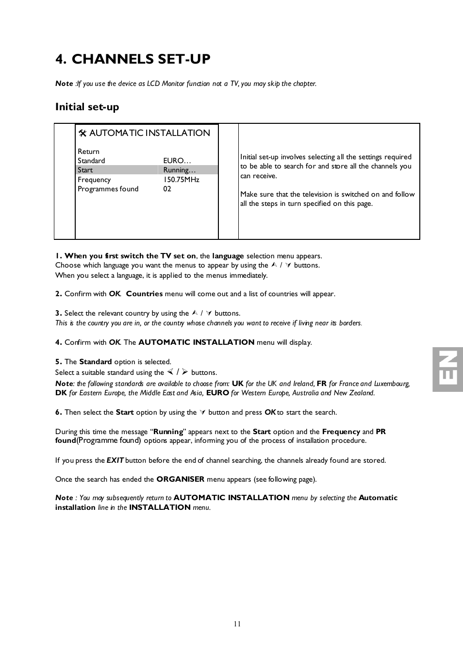 Channels set-up, Initial set-up | Technicolor - Thomson 27LCDB03B User Manual | Page 11 / 25