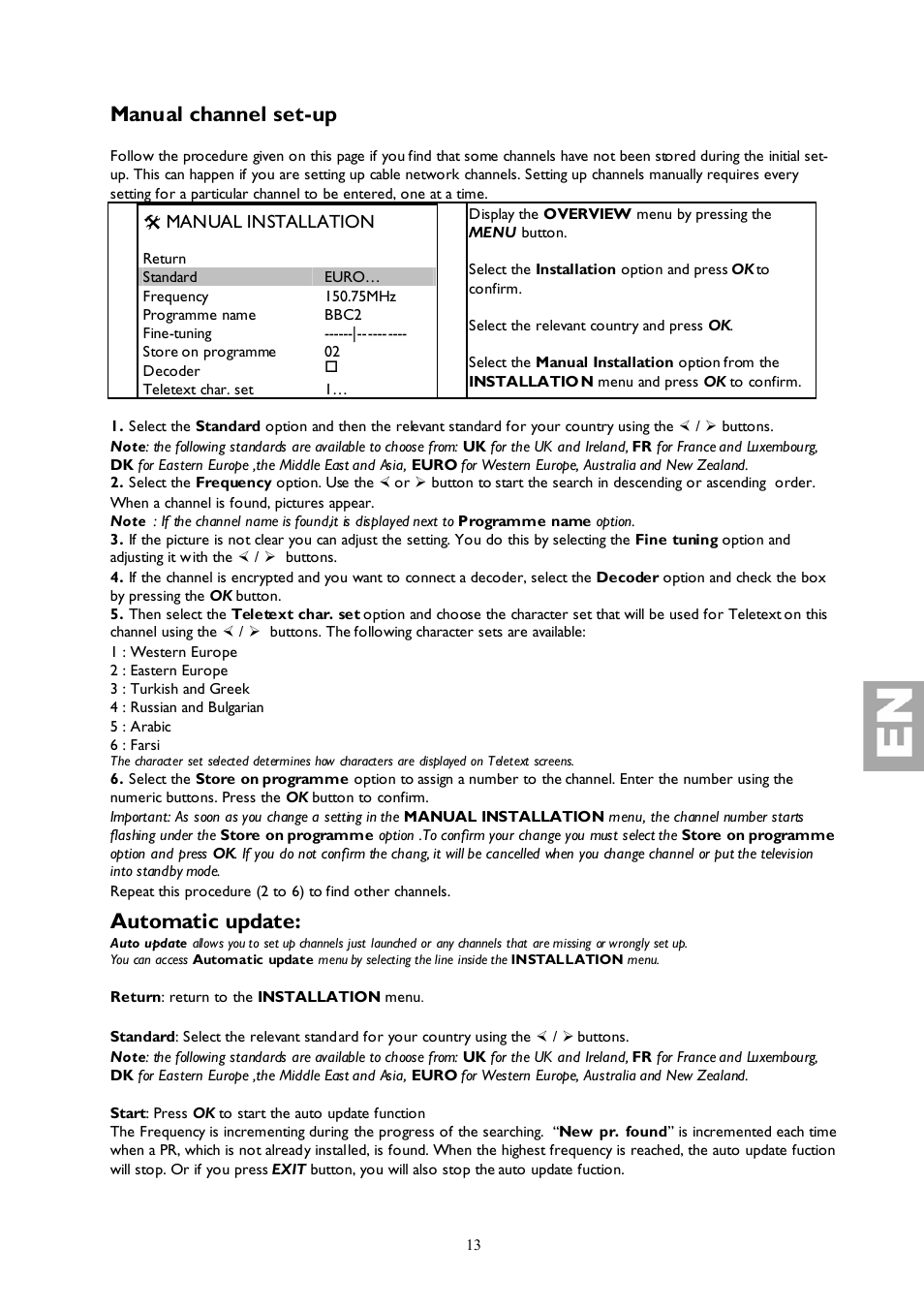 Manual channel set-up, Automatic update | Technicolor - Thomson 27LCDB03B User Manual | Page 13 / 25