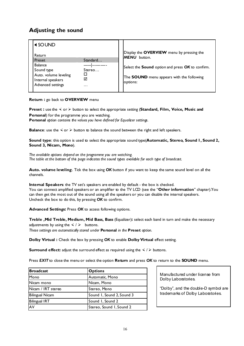 Adjusting the sound | Technicolor - Thomson 27LCDB03B User Manual | Page 16 / 25