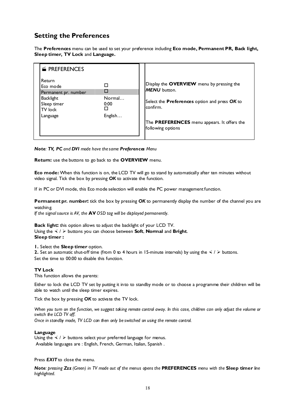 Setting the preferences | Technicolor - Thomson 27LCDB03B User Manual | Page 18 / 25