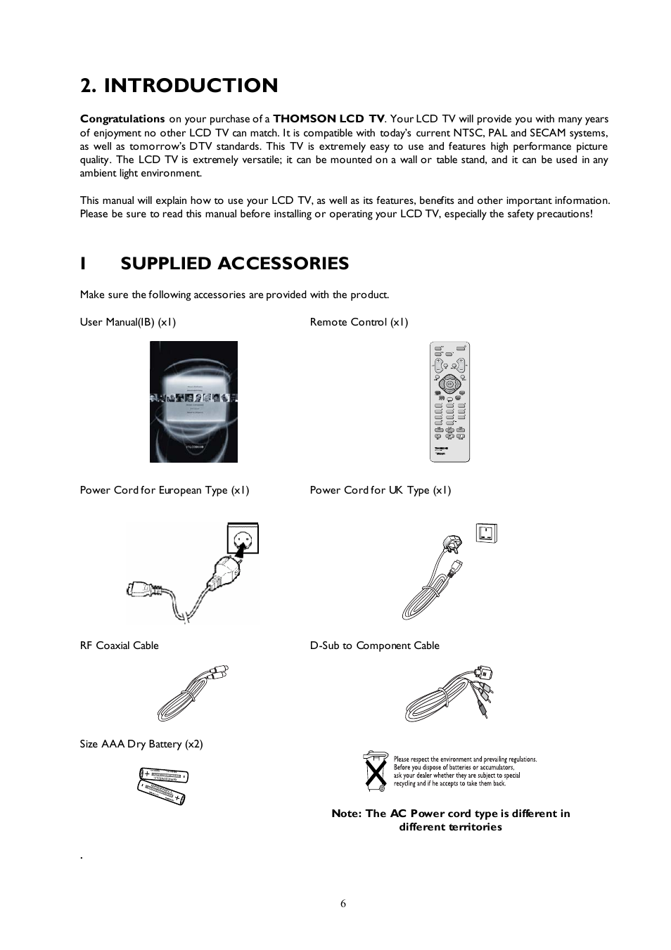 Introduction, Isupplied accessories | Technicolor - Thomson 27LCDB03B User Manual | Page 6 / 25