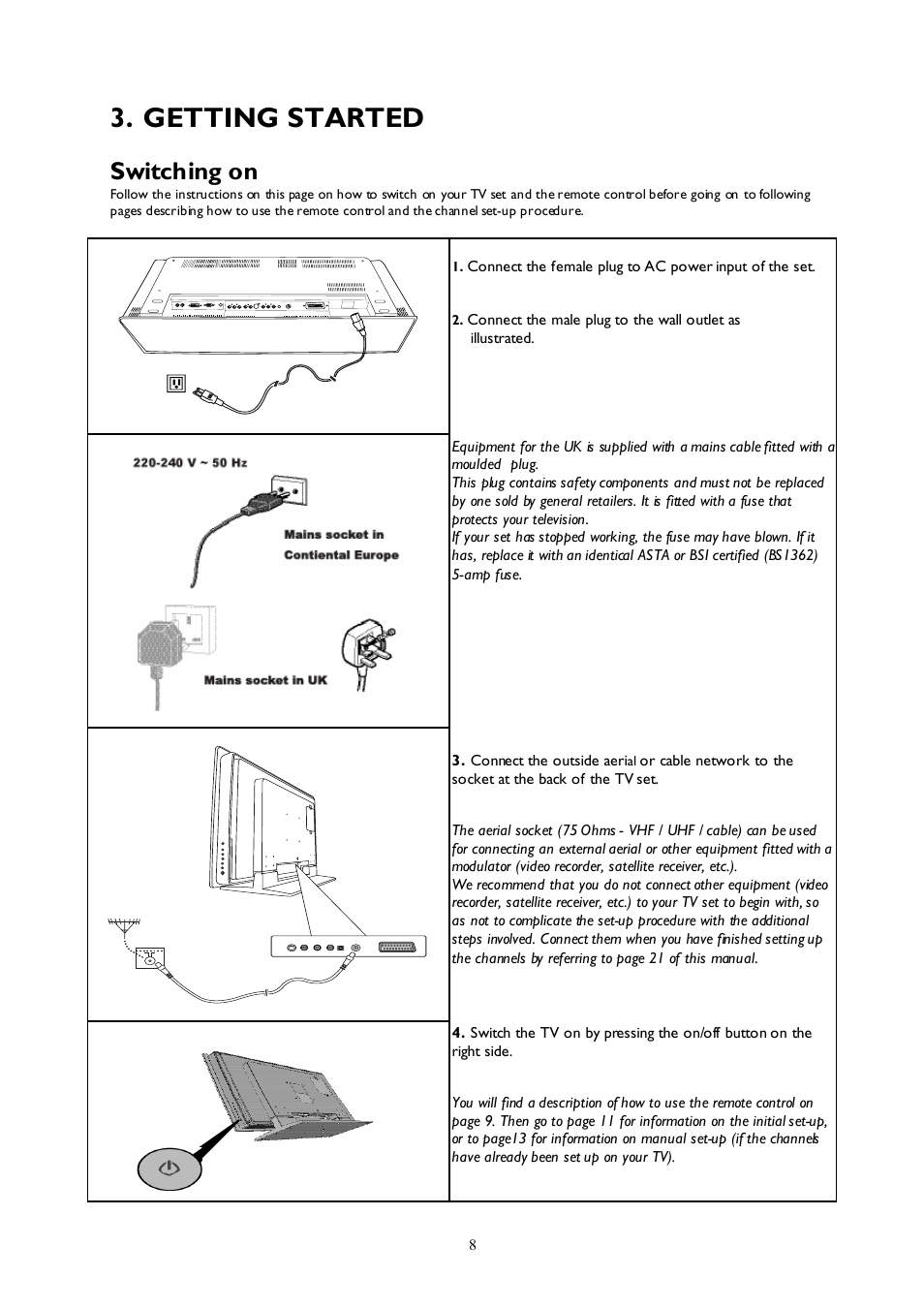 Getting started, Switching on | Technicolor - Thomson 27LCDB03B User Manual | Page 8 / 25