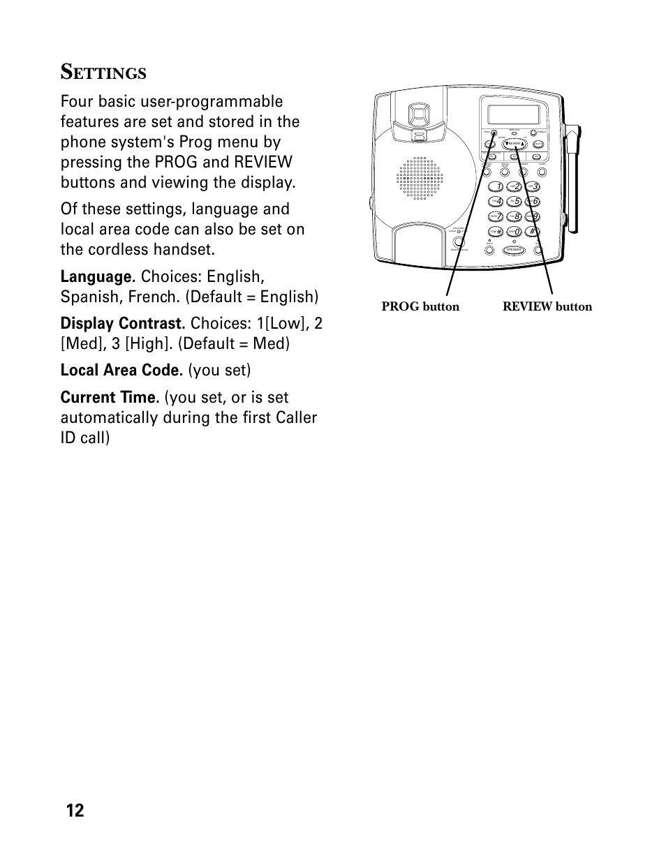 Settings, Ettings, Prog button review button | Technicolor - Thomson 26955 User Manual | Page 12 / 72