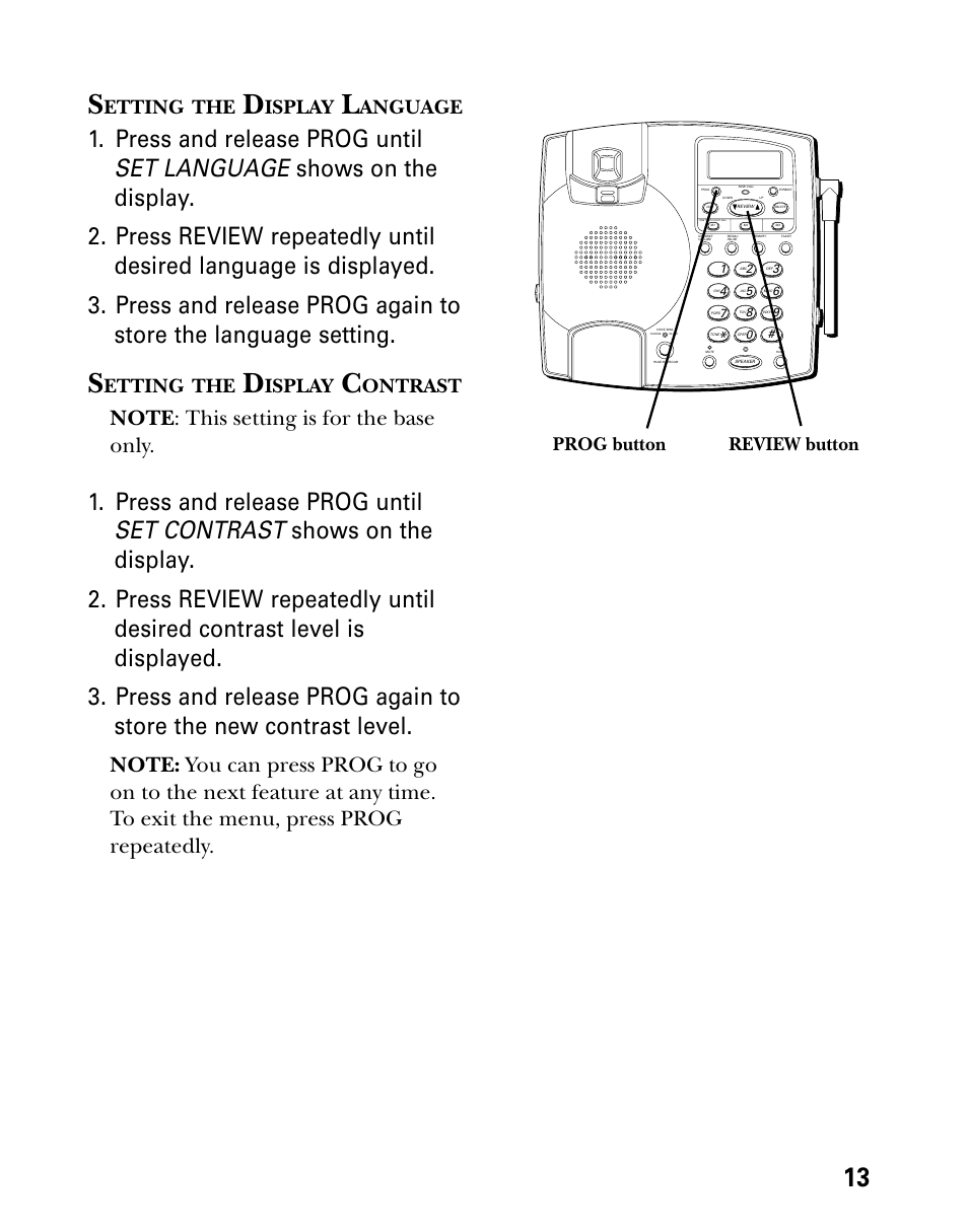 Setting the display language, Setting the display contrast, Etting | Isplay, Anguage, Ontrast, Prog button review button | Technicolor - Thomson 26955 User Manual | Page 13 / 72