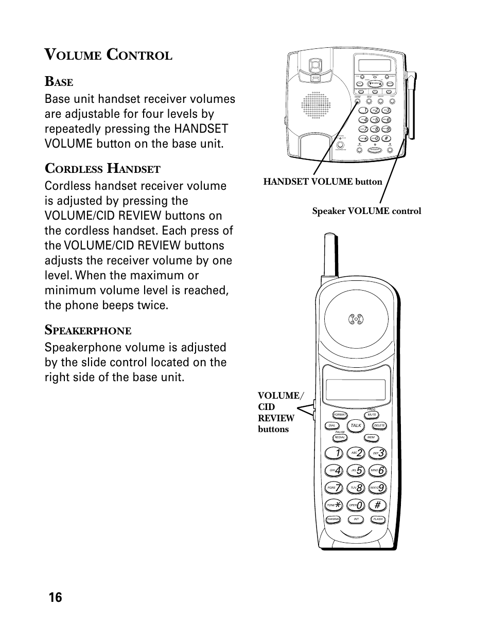 Volume control, Base, Cordless handset | Speakerphone, Olume, Ontrol, Ordless, Andset, Peakerphone, One touch quick dial | Technicolor - Thomson 26955 User Manual | Page 16 / 72