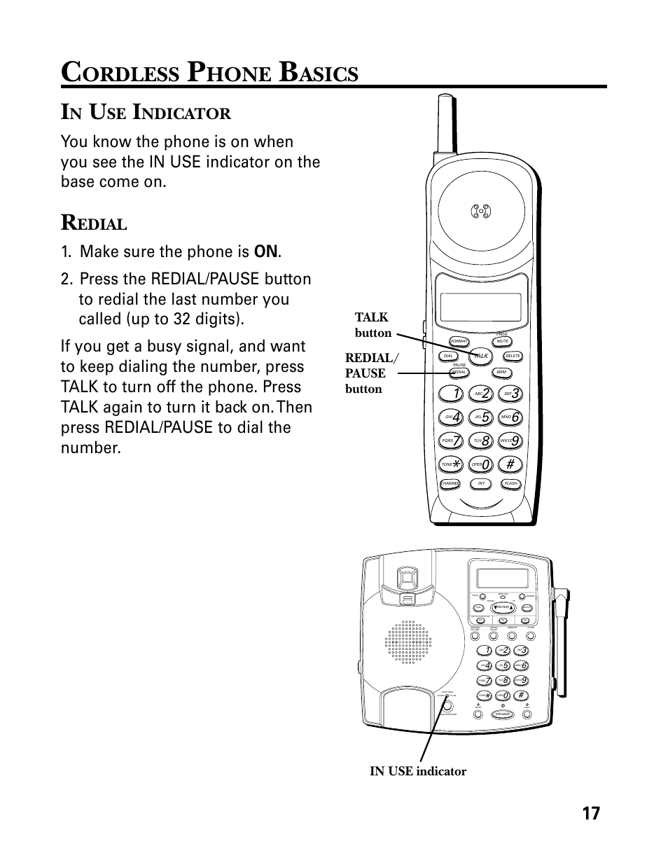 Cordless phone basics, In use indicator, Redial | Ordless, Hone, Asics, Ndicator, Edial, Talk button redial/ pause button | Technicolor - Thomson 26955 User Manual | Page 17 / 72
