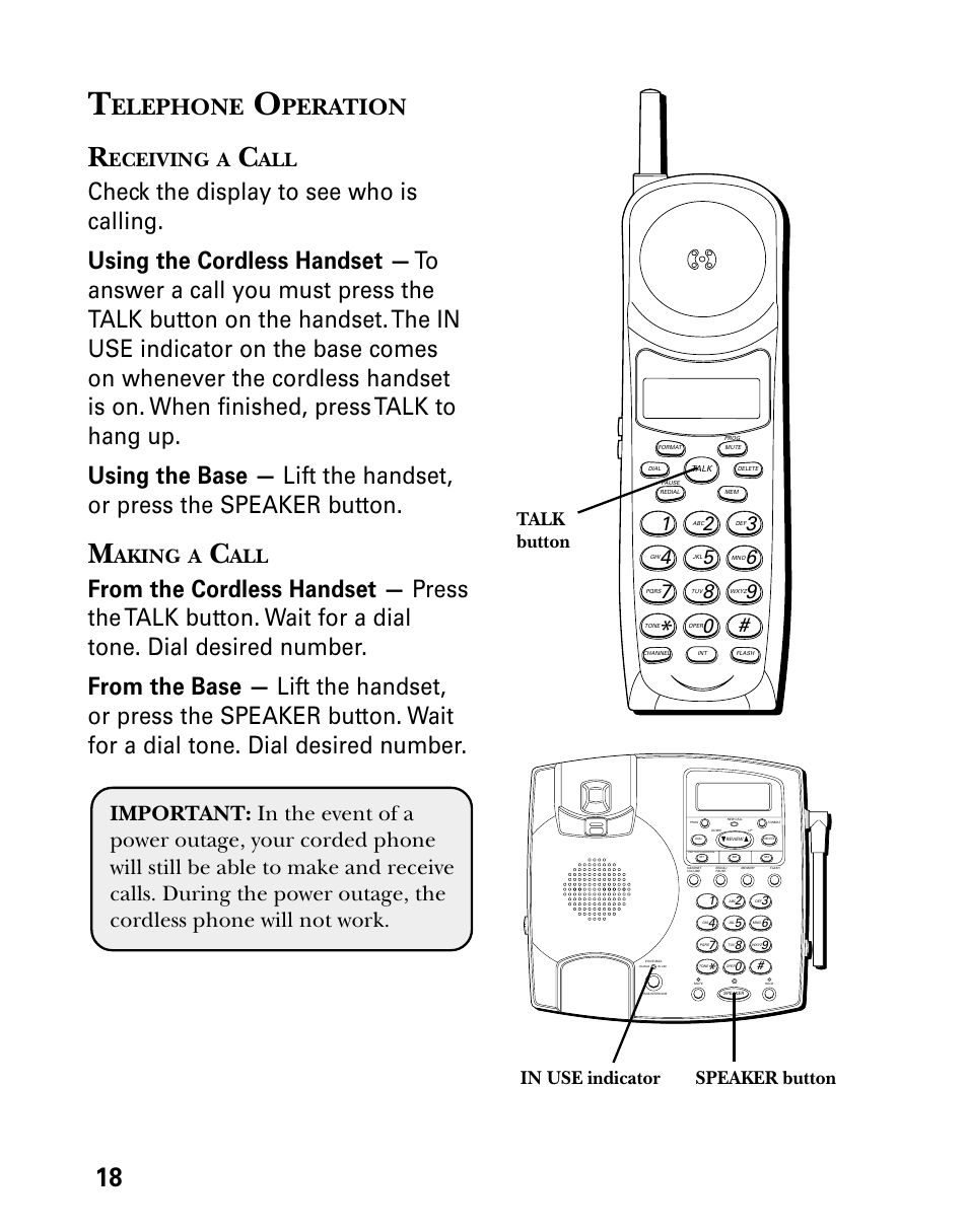 Telephone operation, Receiving a call, Making a call | Elephone, Peration, Eceiving, Aking, Speaker button, Talk button in use indicator | Technicolor - Thomson 26955 User Manual | Page 18 / 72