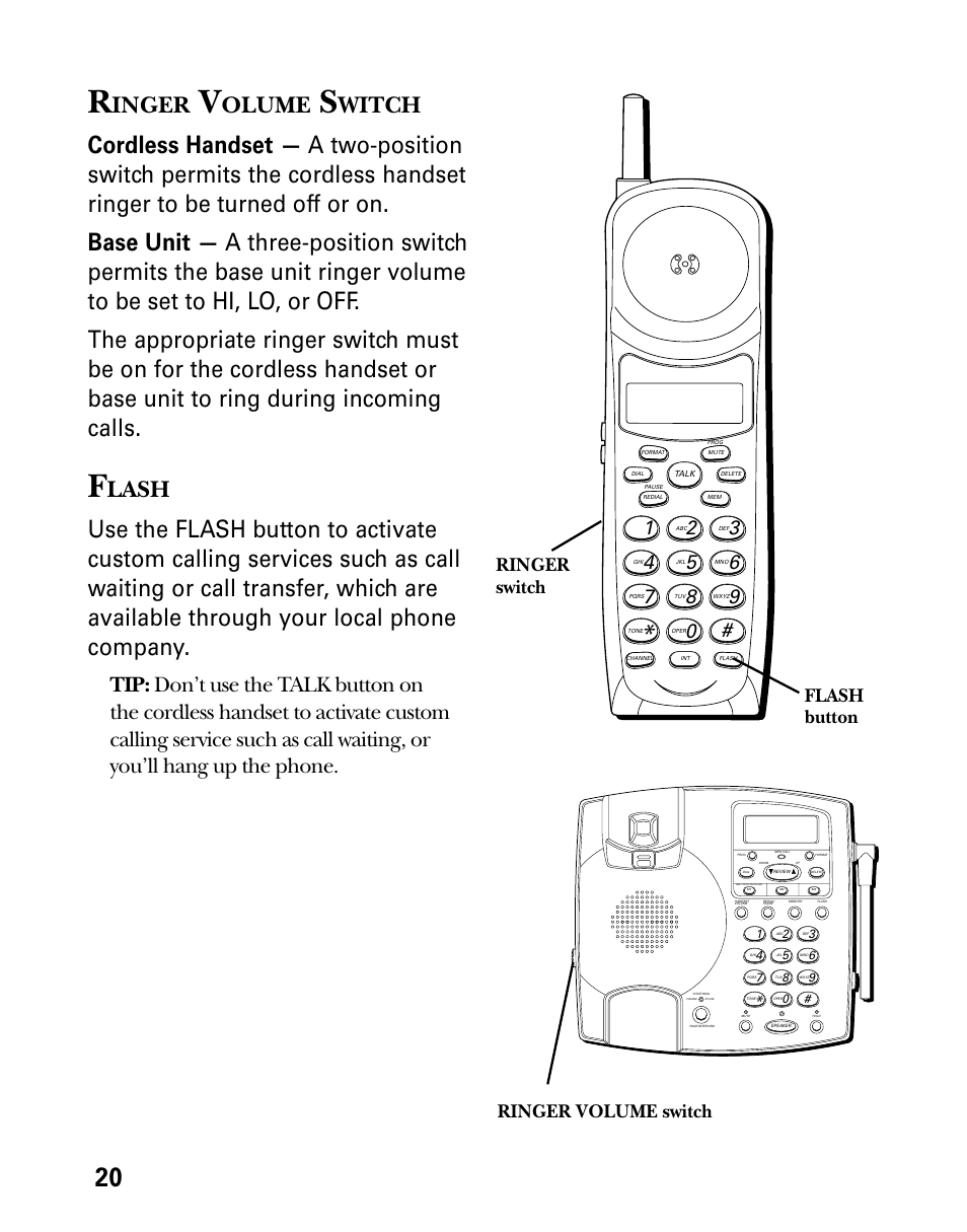 Ringer volume switch, Flash, Inger | Olume, Witch, Lash, Ringer switch, Ringer volume switch flash button | Technicolor - Thomson 26955 User Manual | Page 20 / 72