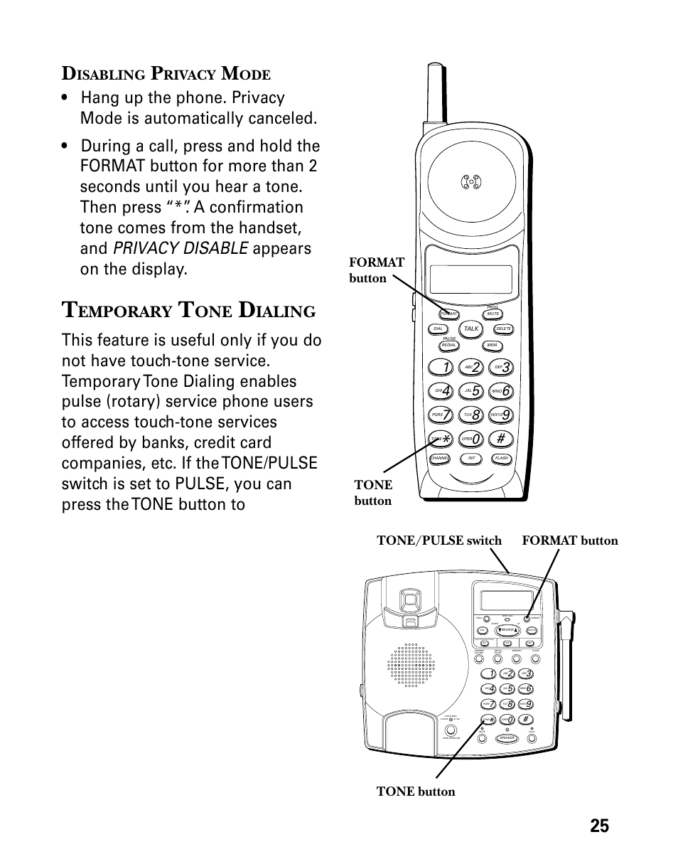 Disabling privacy mode, Temporary tone dialing, Isabling | Rivacy, Emporary, Ialing, Format button | Technicolor - Thomson 26955 User Manual | Page 25 / 72