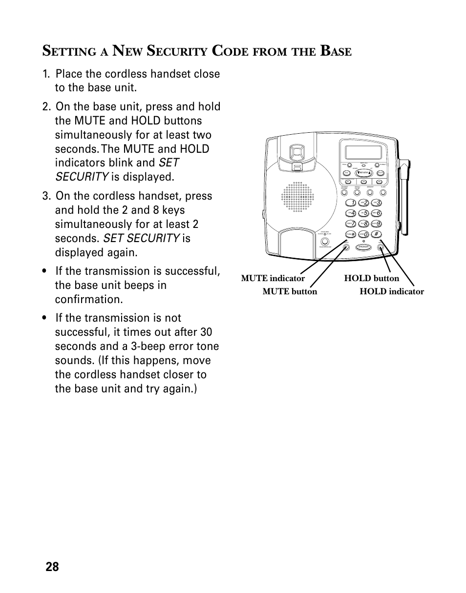Setting a new security code from the base, Etting, Ecurity | From | Technicolor - Thomson 26955 User Manual | Page 28 / 72