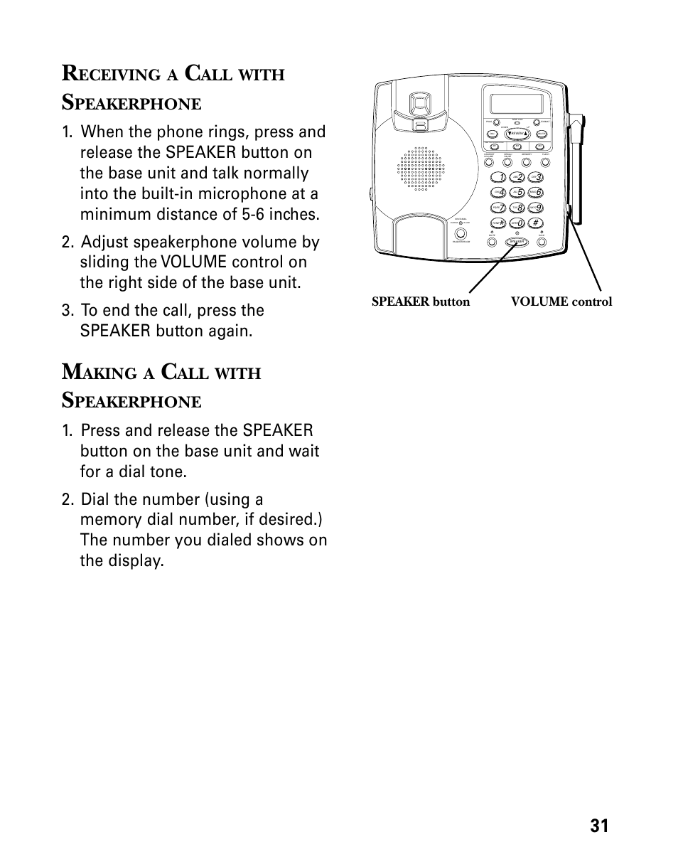 Receiving a call with speakerphone, Making a call with speakerphone, Eceiving | With, Peakerphone, Aking, Speaker button volume control | Technicolor - Thomson 26955 User Manual | Page 31 / 72