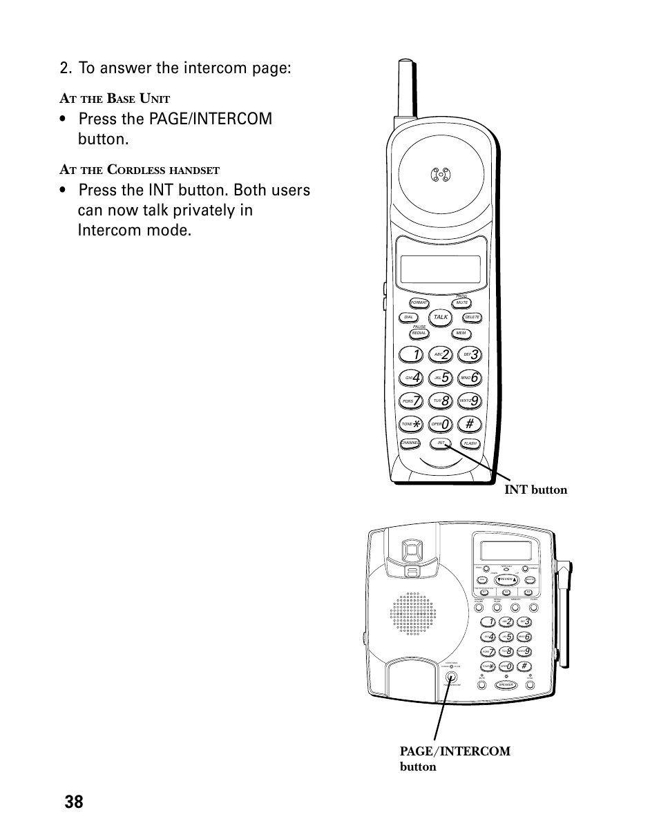 At the base unit, At the cordless handset, Ordless | Handset, Press the page/intercom button, Int button, Page/intercom button | Technicolor - Thomson 26955 User Manual | Page 38 / 72