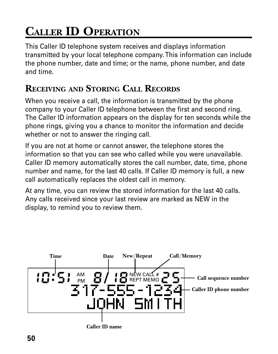 Caller id operation, Receiving and storing call records, Aller | Id o, Peration, Eceiving, Toring, Ecords | Technicolor - Thomson 26955 User Manual | Page 50 / 72