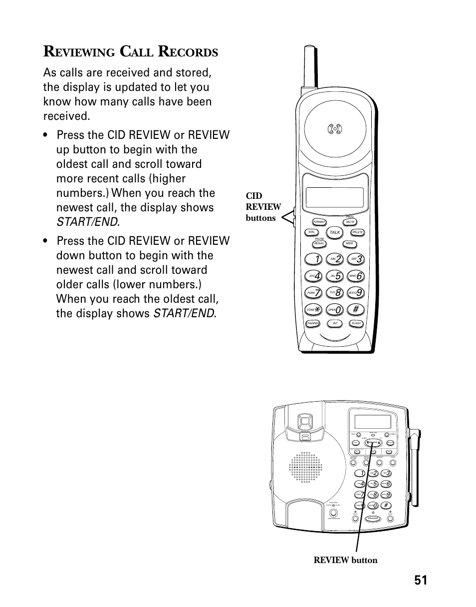 Reviewing call records, Eviewing, Ecords | Review button cid review buttons | Technicolor - Thomson 26955 User Manual | Page 51 / 72