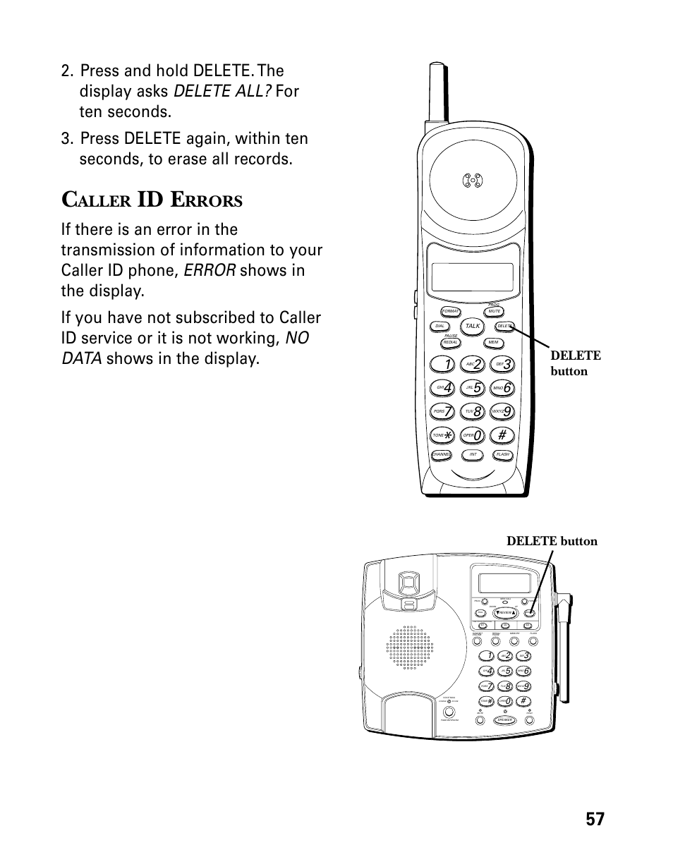 Caller id errors, Aller, Id e | Rrors, Delete button | Technicolor - Thomson 26955 User Manual | Page 57 / 72