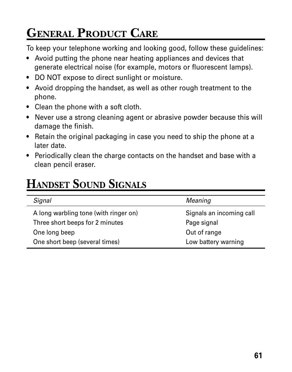 General product care, Handset sound signals, Eneral | Roduct, Andset, Ound, Ignals | Technicolor - Thomson 26955 User Manual | Page 61 / 72