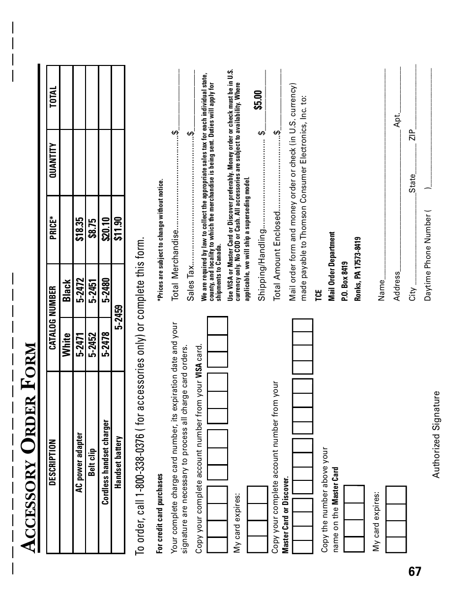 Ccessor y, Rder | Technicolor - Thomson 26955 User Manual | Page 67 / 72