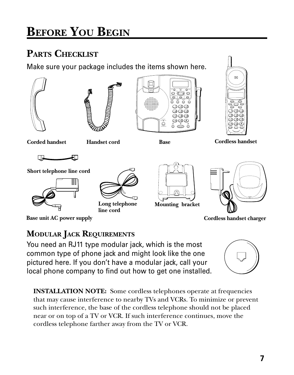 Before you begin, Parts checklist, Modular jack requirements | Efore, Egin, Arts, Hecklist, Odular, Equirements, Base cordless handset | Technicolor - Thomson 26955 User Manual | Page 7 / 72