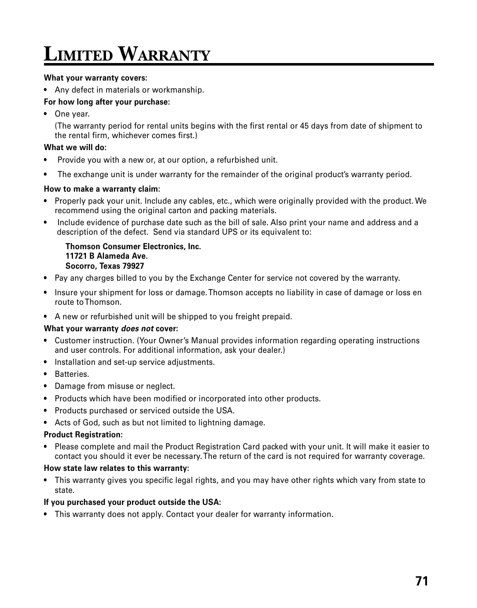 Limited warranty, Imited, Arranty | Ranty 71 | Technicolor - Thomson 26955 User Manual | Page 71 / 72