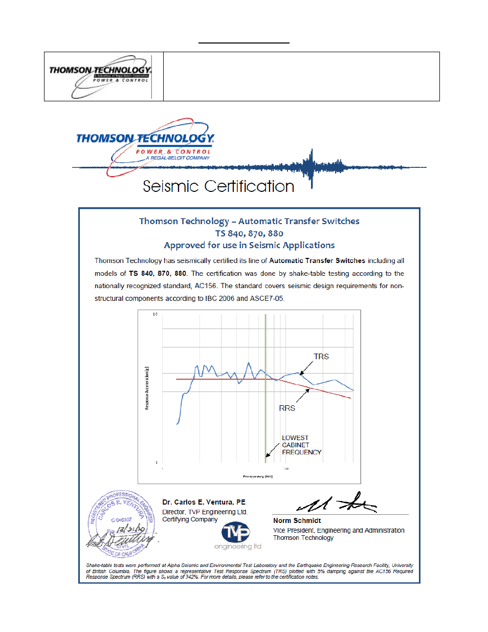 Appendix “c, Seismic certificate | Technicolor - Thomson POWER & CONTROL TS 870 User Manual | Page 53 / 54