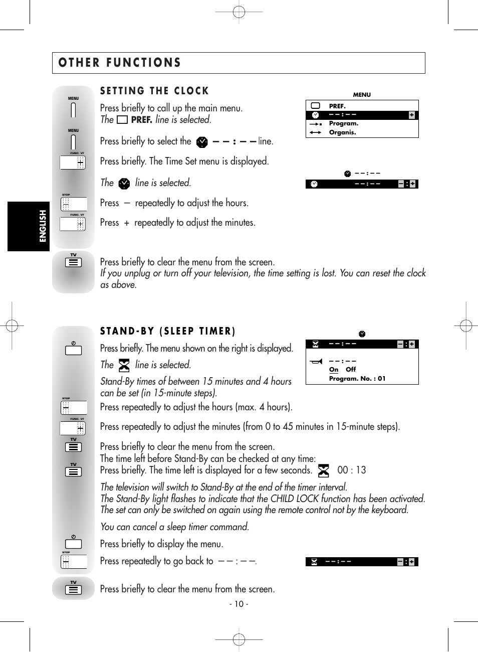 Other functions, Setting the clock, Stand -by (sleep timer) | Line is selected, The line is selected, Press briefly to select the, Ine. press briefly. the time set menu is displayed, Press briefly to clear the menu from the screen | Technicolor - Thomson 14MG76C User Manual | Page 10 / 16