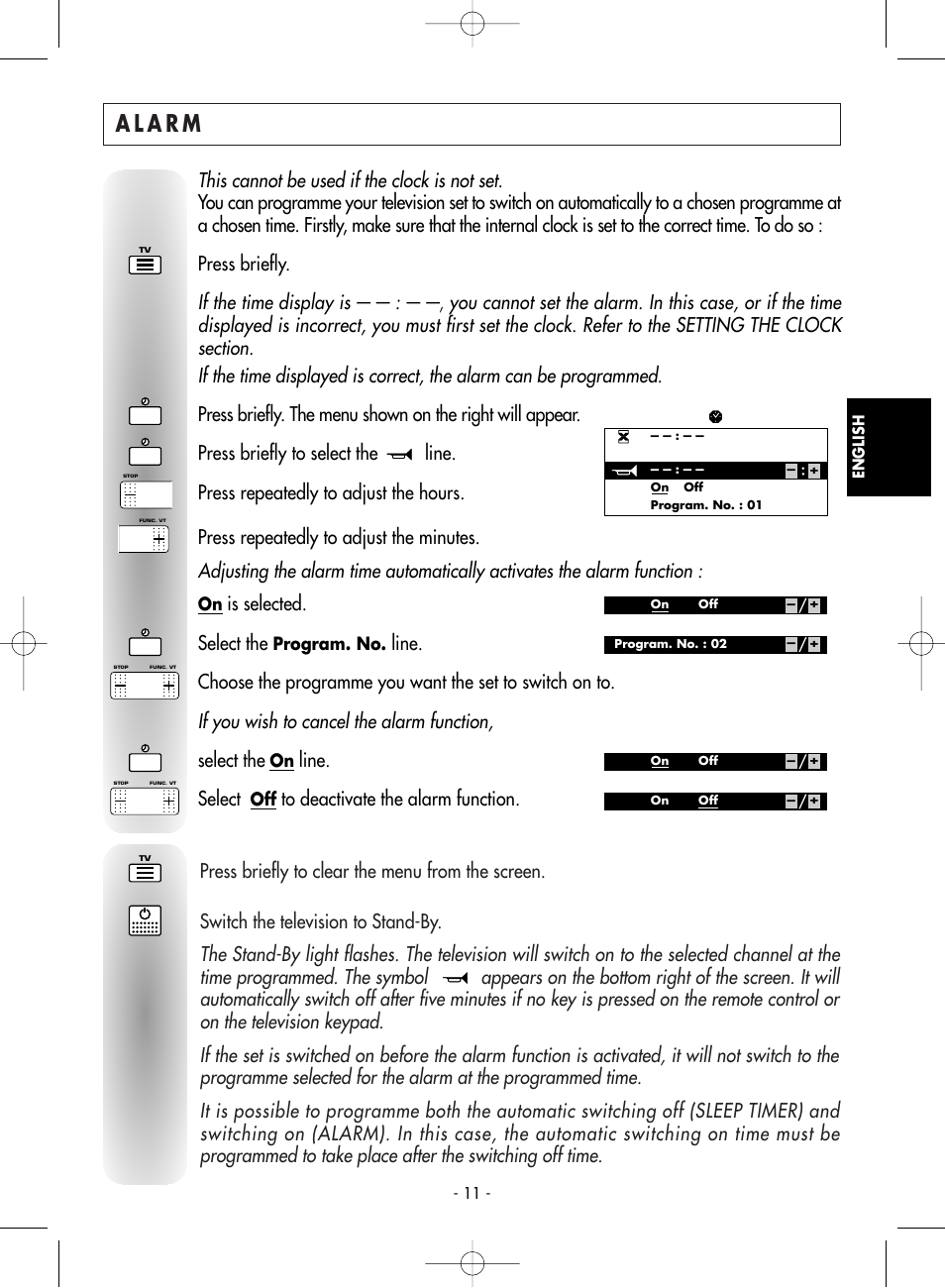 Alarm, This cannot be used if the clock is not set, If the time display is | If you wish to cancel the alarm function, Is selected. select the, Select the, Line. select | Technicolor - Thomson 14MG76C User Manual | Page 11 / 16