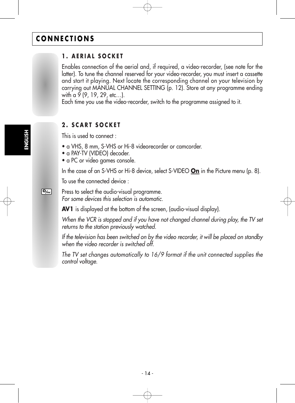 Connections, 1 . aerial socket, 2 . scart socket | Technicolor - Thomson 14MG76C User Manual | Page 14 / 16