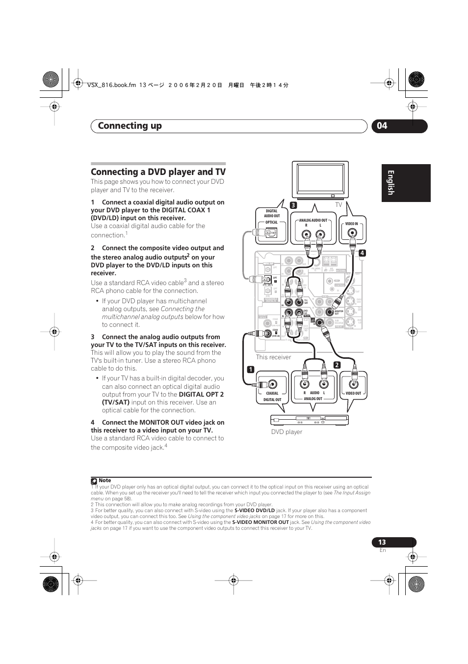 Connecting a dvd player and tv, Connecting up 04, Use a standard rca video cable | Connecting the multichannel analog outputs, Below for how to connect it, Digital opt 2 (tv/sat) | Technicolor - Thomson XRB3059-A User Manual | Page 13 / 66