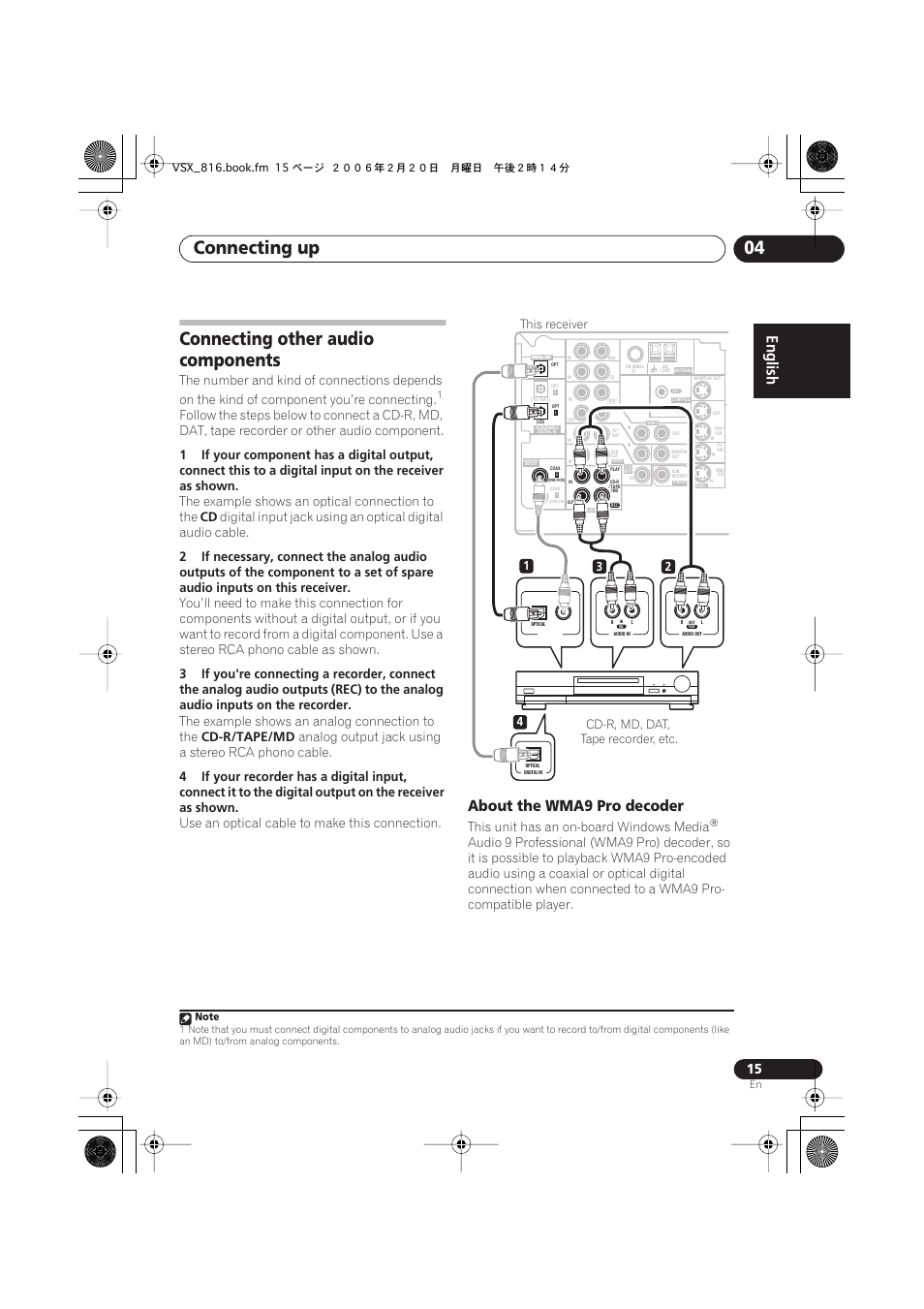 Connecting other audio components, About the wma9 pro decoder, Connecting up 04 | The example shows an optical connection to the, The example shows an analog connection to the, Cd-r/tape/md, Analog output jack using a stereo rca phono cable, Use an optical cable to make this connection, This unit has an on-board windows media, Cd-r, md, dat, tape recorder, etc | Technicolor - Thomson XRB3059-A User Manual | Page 15 / 66