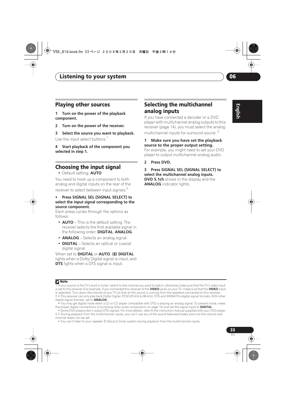 Playing other sources, Choosing the input signal, Listening to your system 06 | Selecting the multichannel analog inputs | Technicolor - Thomson XRB3059-A User Manual | Page 33 / 66