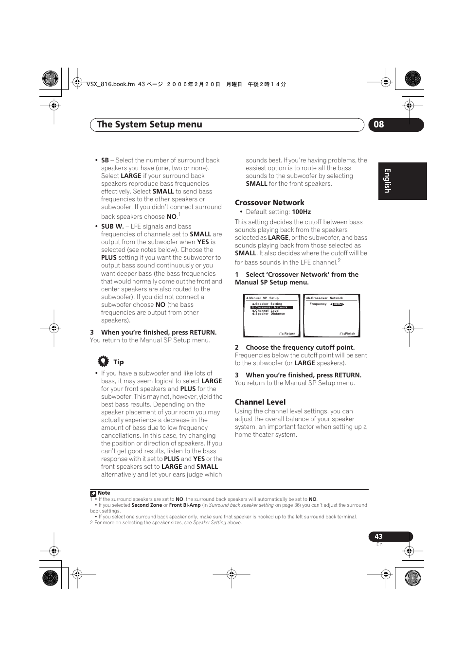 Crossover network, Channel level, The system setup menu 08 | Technicolor - Thomson XRB3059-A User Manual | Page 43 / 66
