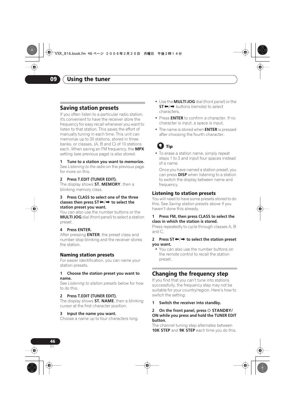 Saving station presets, Naming station presets, Listening to station presets | Changing the frequency step, Using the tuner 09 | Technicolor - Thomson XRB3059-A User Manual | Page 46 / 66