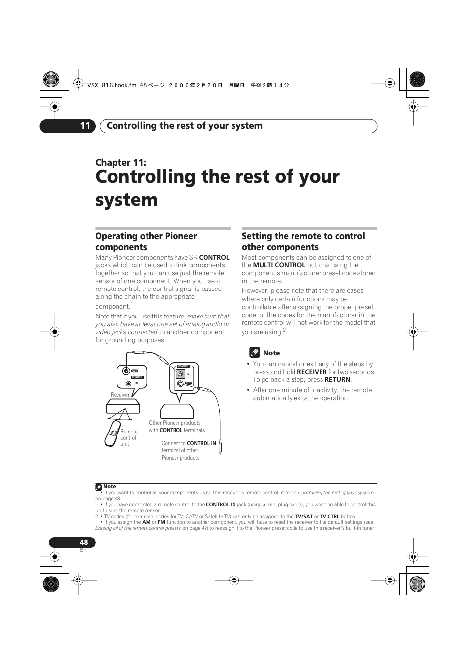 11 controlling the rest of your system, Operating other pioneer components, Setting the remote to control other components | Controlling the rest of your system, Controlling the rest of your system 11, Chapter 11 | Technicolor - Thomson XRB3059-A User Manual | Page 48 / 66