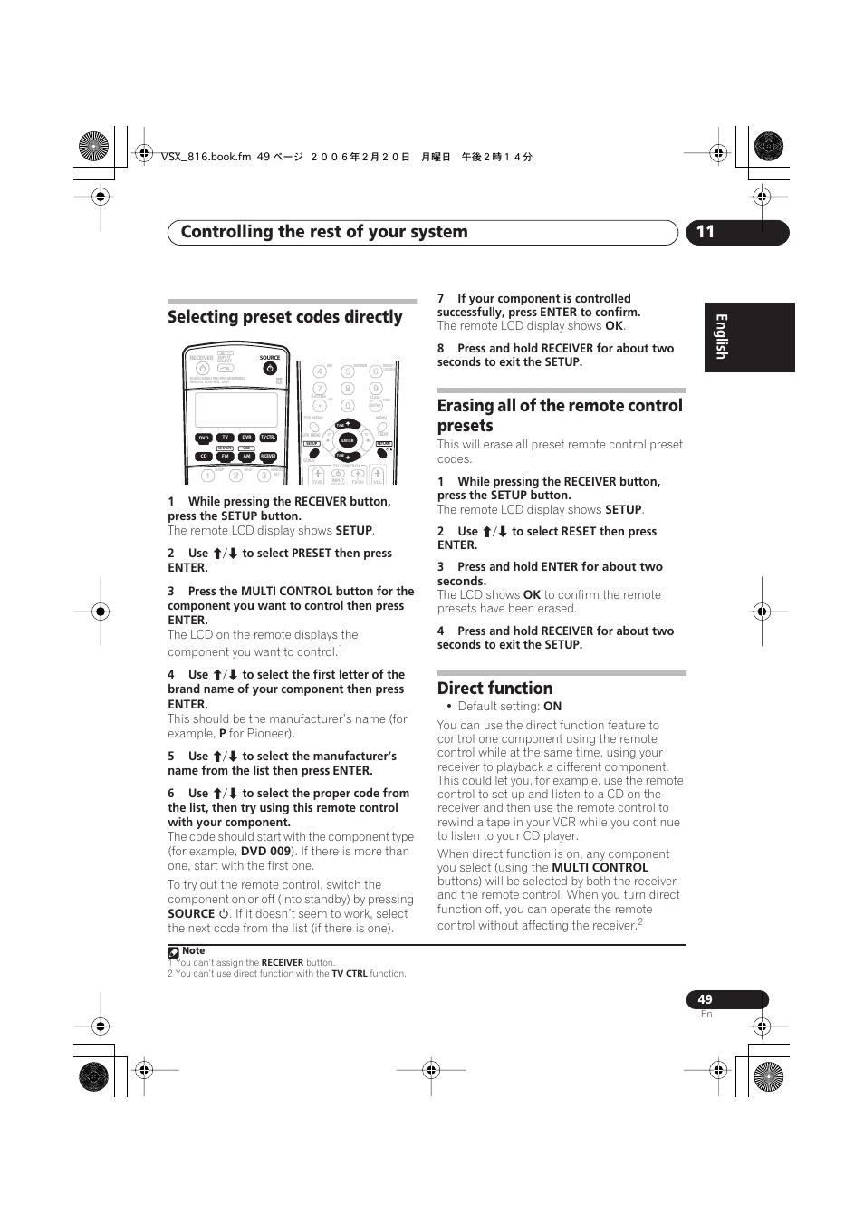 Selecting preset codes directly, Erasing all of the remote control presets, Direct function | Controlling the rest of your system 11 | Technicolor - Thomson XRB3059-A User Manual | Page 49 / 66