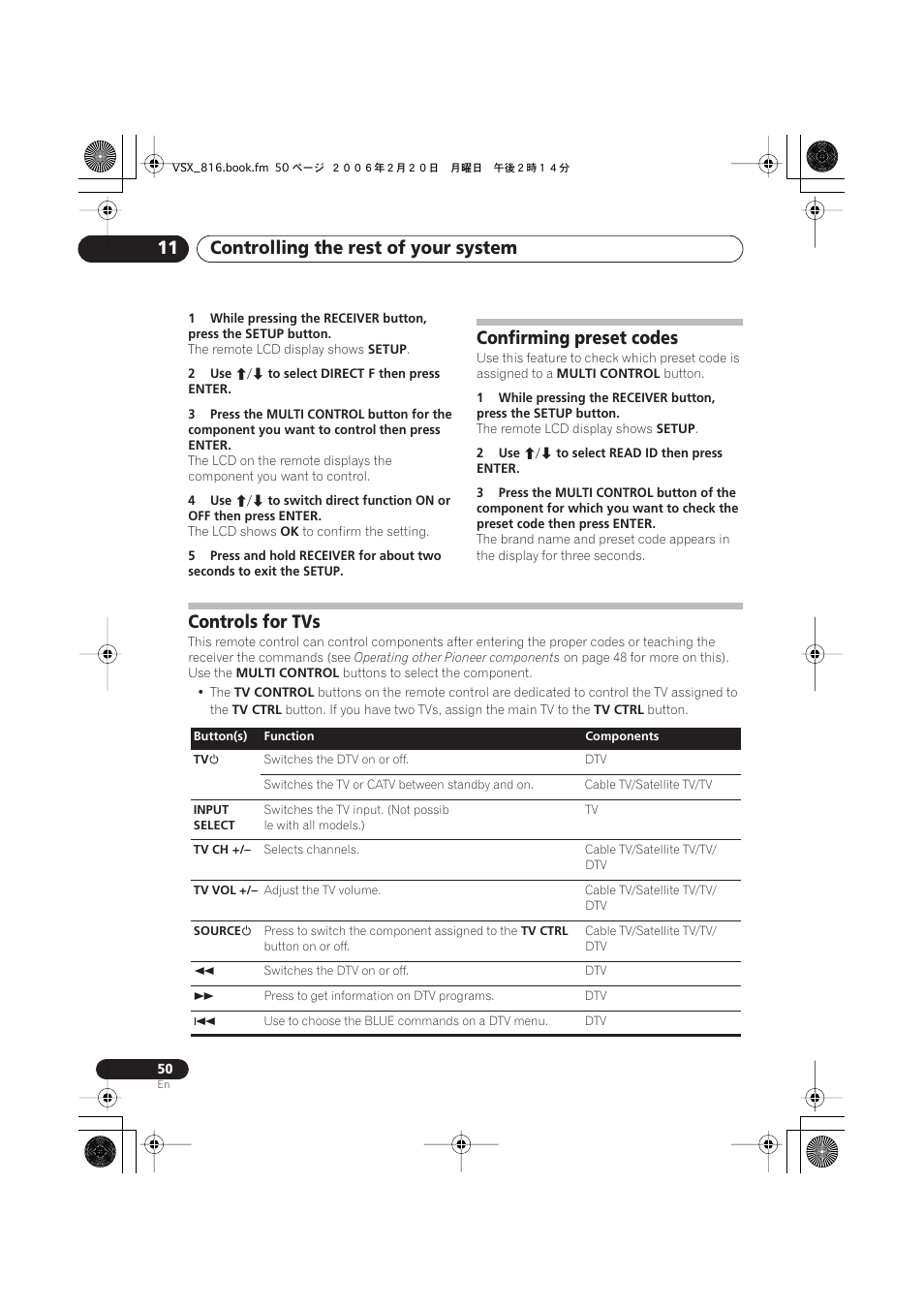 Confirming preset codes, Controls for tvs, Controlling the rest of your system 11 | Technicolor - Thomson XRB3059-A User Manual | Page 50 / 66