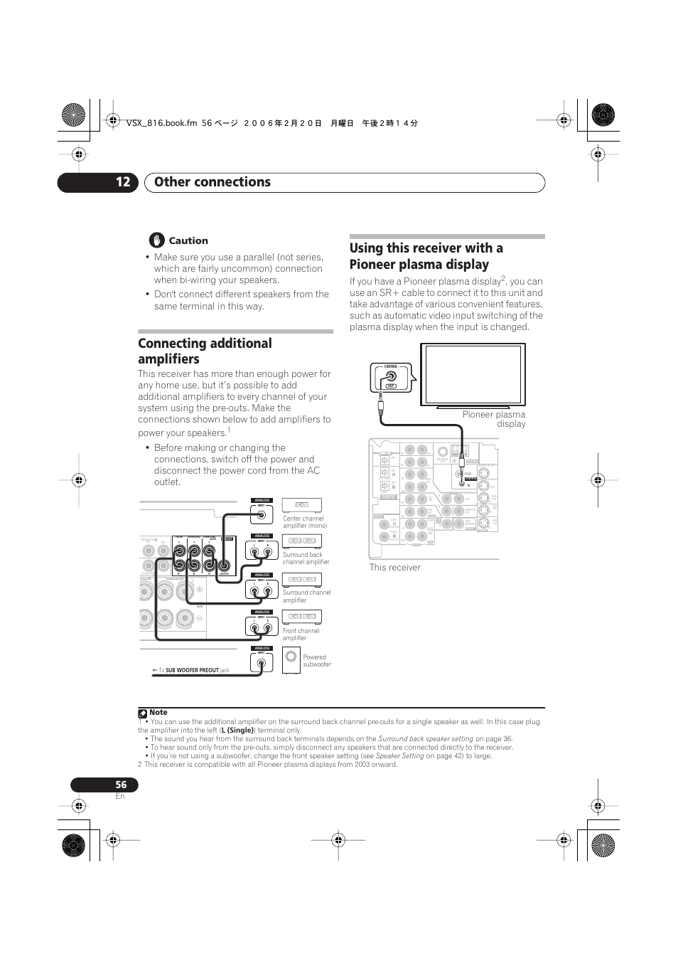 Connecting additional amplifiers, Using this receiver with a pioneer plasma display, Other connections 12 | Caution, If you have a pioneer plasma display, Pioneer plasma display this receiver | Technicolor - Thomson XRB3059-A User Manual | Page 56 / 66