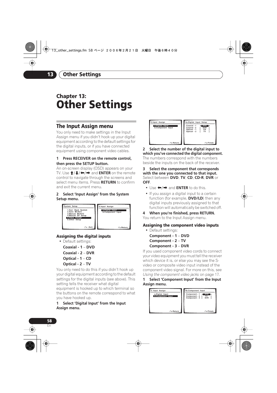13 other settings, The input assign menu, Other settings | Other settings 13, Chapter 13, Assigning the digital inputs, Assigning the component video inputs | Technicolor - Thomson XRB3059-A User Manual | Page 58 / 66